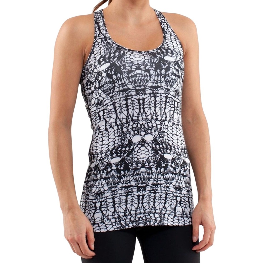 Lululemon Cool Racerback Tank Top Black White Lace Print Geometric Yoga SIZE 4